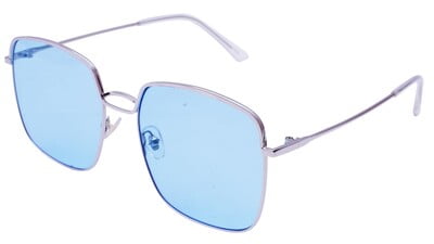 Female Oversized Square Sunglasses. Silver Color Frame. Blue Color UV Protected Flat Lens.