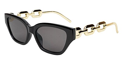 Female Large Cat Eye Sunglass. Black Rim. Golden Temple.