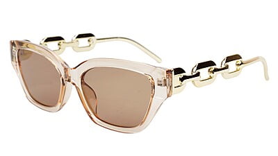 Female Large Cat Eye Sunglass. See Through Brown Rim. Golden Temple.