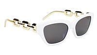 Female Large Cat Eye Sunglass. White Rim. Golden Temple.