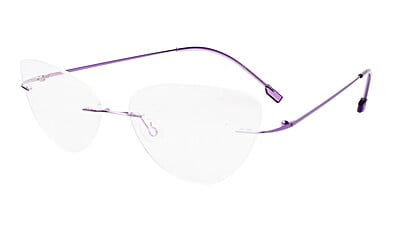 Female Medium Rimless Cat Eye Spectacle Frame. Purple Frame