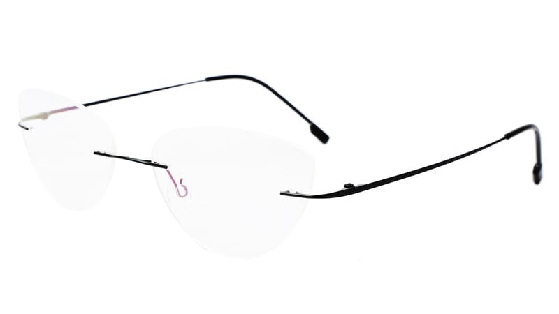 Female Medium Rimless Cat Eye Spectacle Frame. Black Color Frame