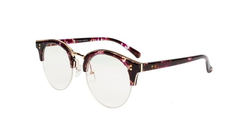 Female Large Half Rim Round Spectacle. Purple & Transparent Color