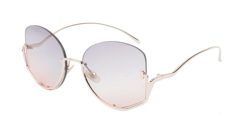 Female Half Rim Oversized Sunglasses. See Through Grey & Pink Lens