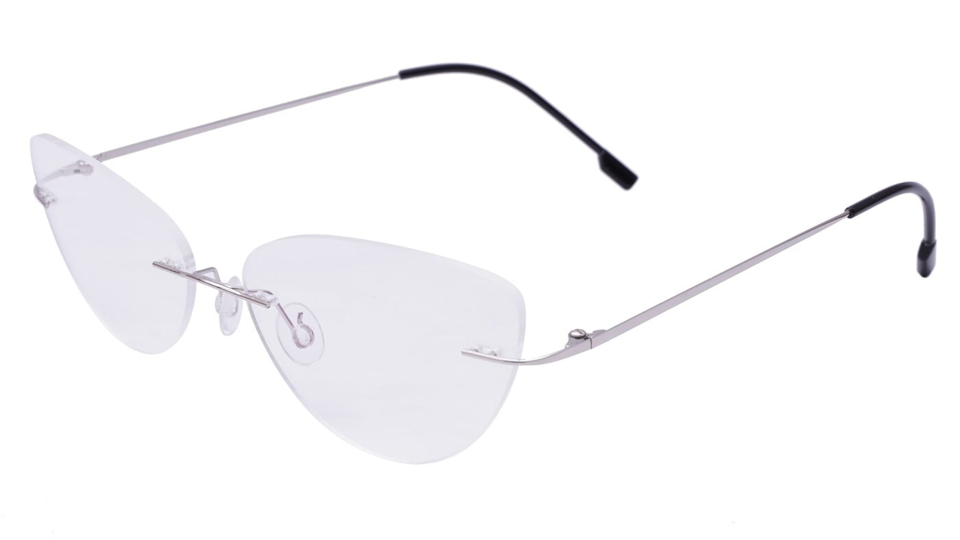 Female Rimless Cat Eye Spectacle Frame. Silver Color Metal Frame. Transparent ARC Lens. Female Rimless Cat Eye Spectacle Frame. Silver Color Metal Frame. Transparent ARC Lens.