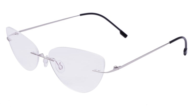 Female Rimless Cat Eye Spectacle Frame. Silver Color Metal Frame. Transparent ARC Lens. Female Rimless Cat Eye Spectacle Frame. Silver Color Metal Frame. Transparent ARC Lens.