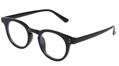 Unisex Large Round Spectacle Frame. Glossy Black Frame. Transparent Color Blue Lens.