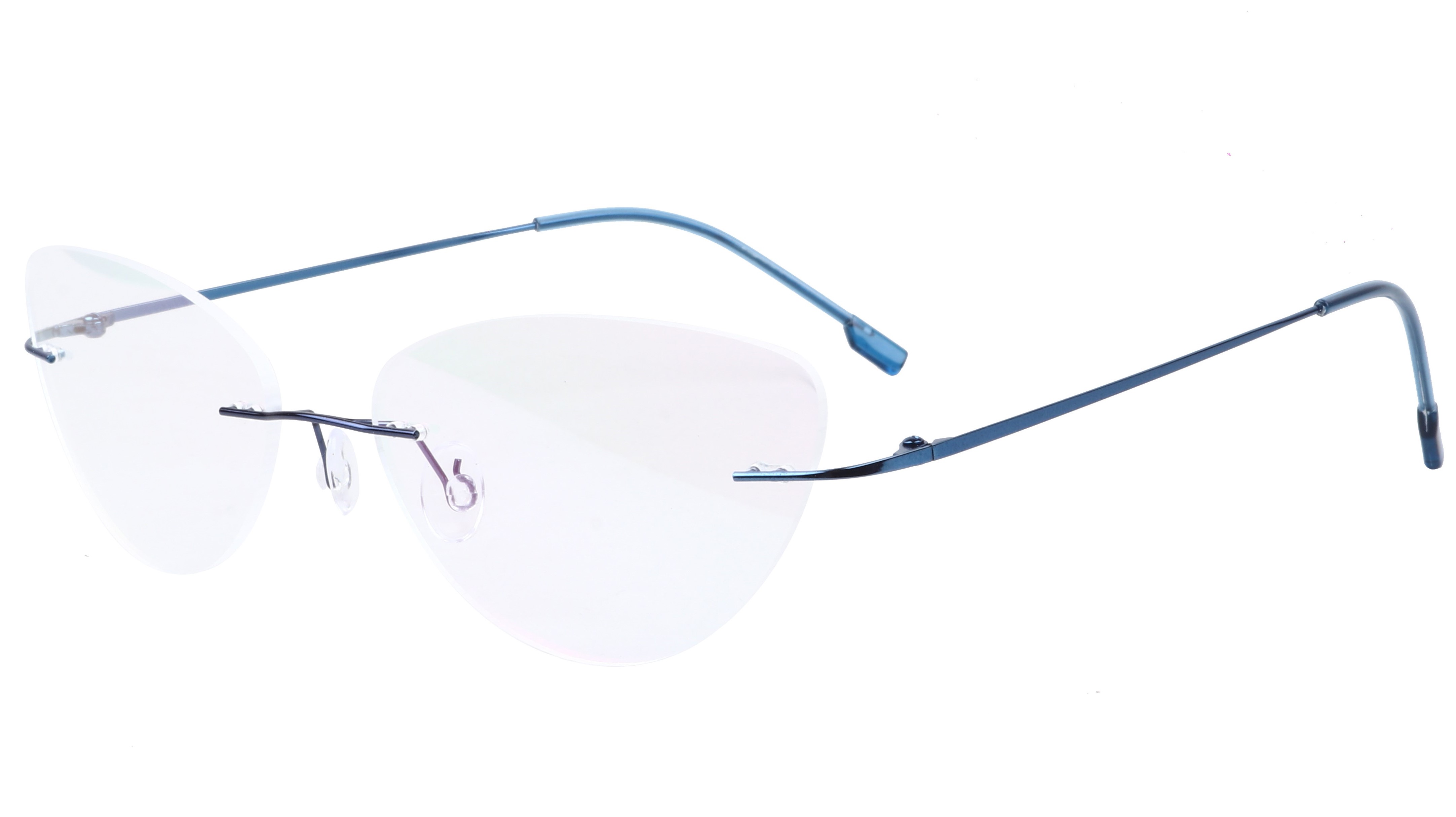 Female Rimless Cat Eye Spectacle Frame. Blue Color Metal Frame.